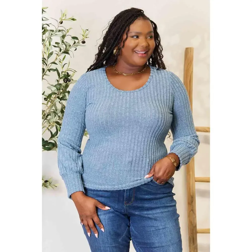 Double Take Ribbed Round Neck Lantern Sleeve Blouse - Picture 15 of 15